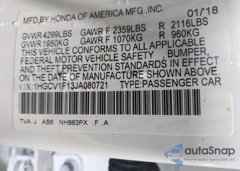 2018 Honda Accord Lx from USA, damaged, VIN 1HGCV1F13JA080721